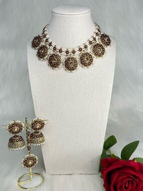 Elegant Gold and Maroon Beaded Pearls Necklace Earring And Tikka Set